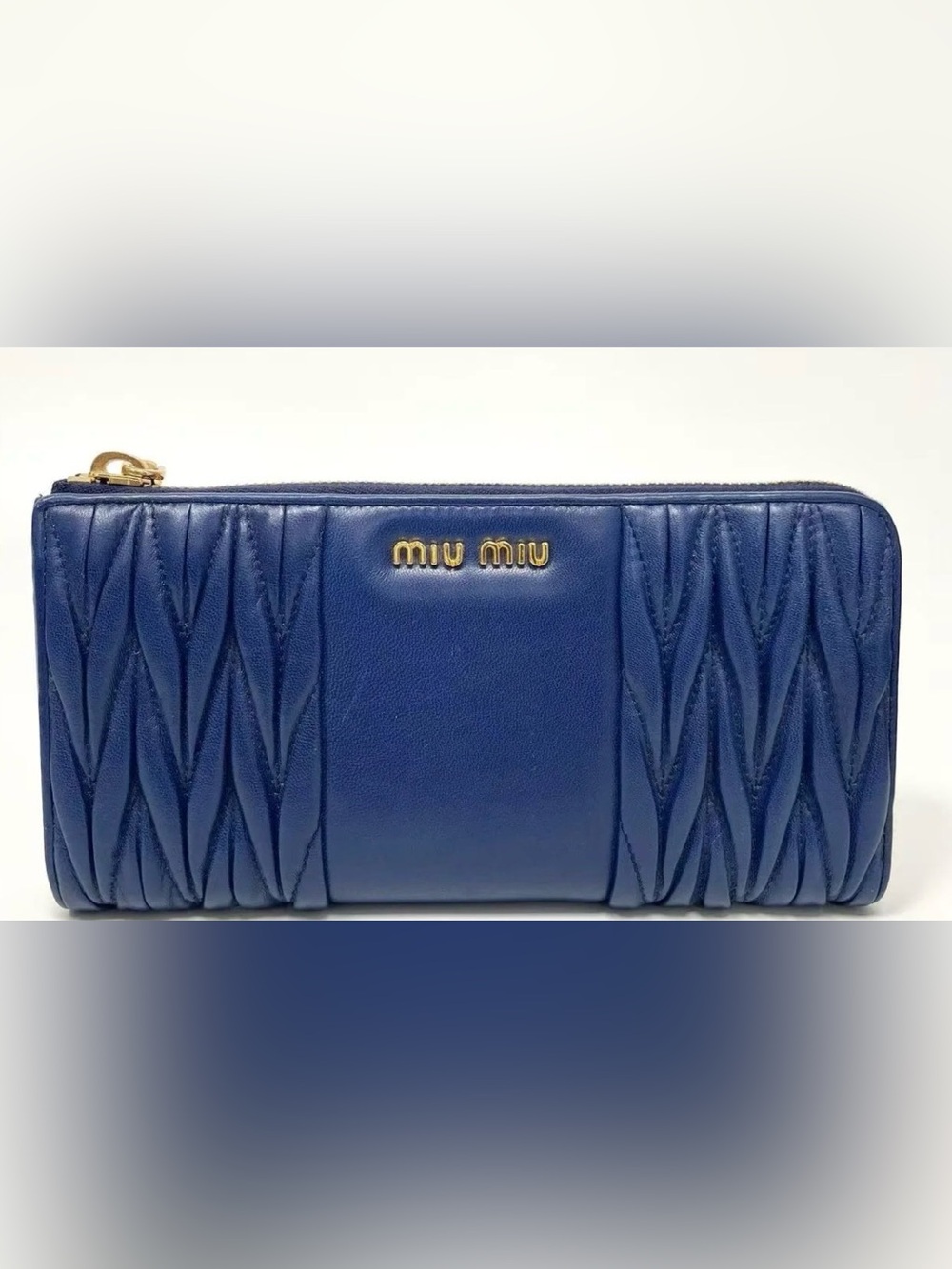Miu Miu Blue Matelassé Zip Around Wallet with Gold Hardware